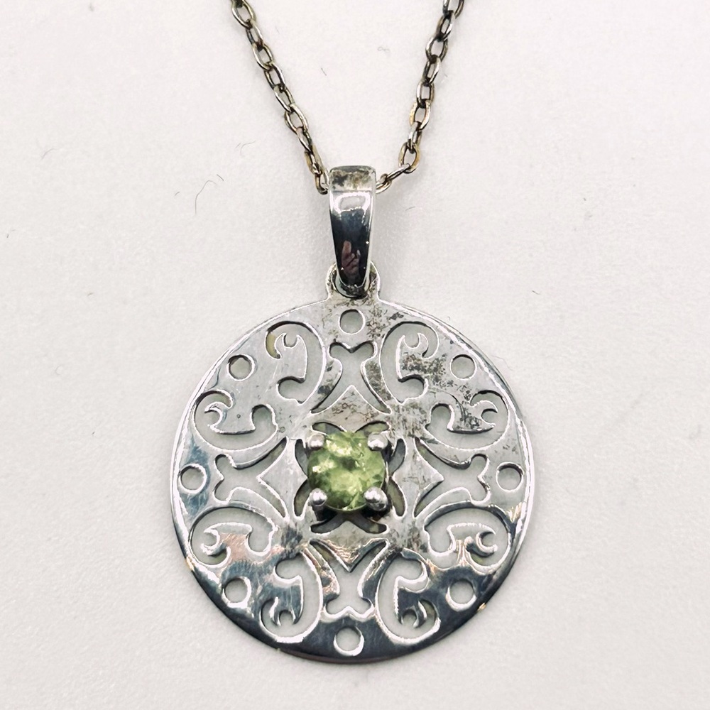 Sterling Silver Peridot Mandala Boho Pendant on 19” chain August Birthstone